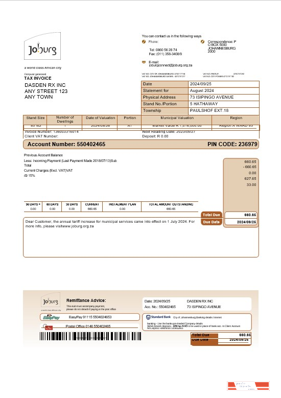 South Africa Joburg business utility bill Word and PDF template pages PSD template